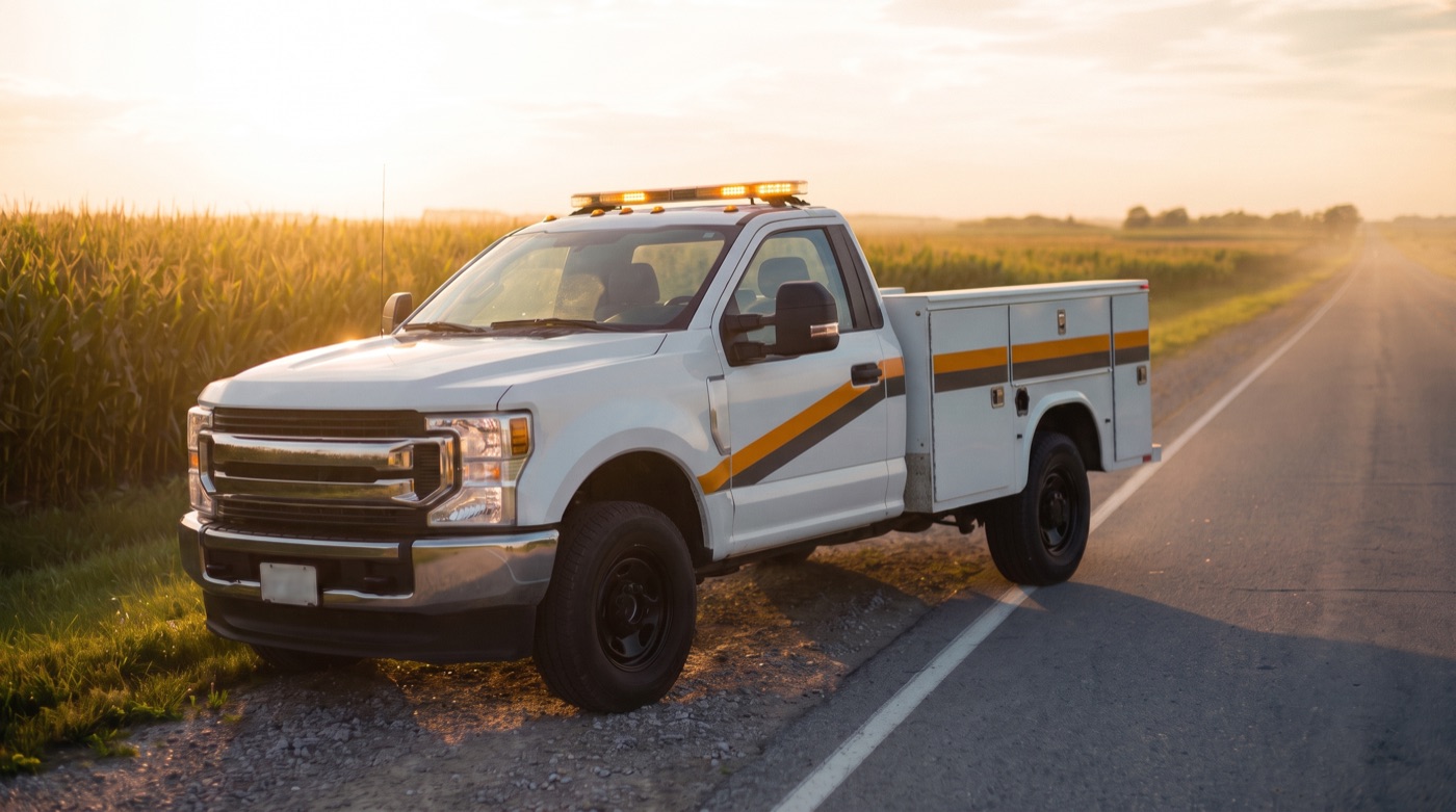 A GetRoadHand affiliated service truck parked on a rural Nebraska shoulder at golden hour.